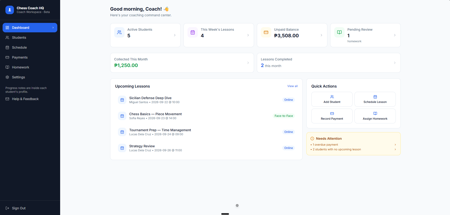 Chess Coach HQ demo dashboard showing active students, upcoming lessons, payment balances, homework to review and quick actions.