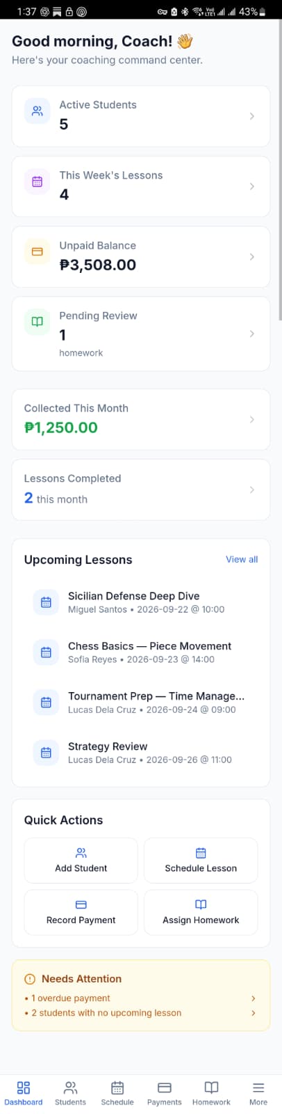 Mobile browser view of the demo dashboard, with coaching totals, upcoming lessons, quick actions and bottom navigation.