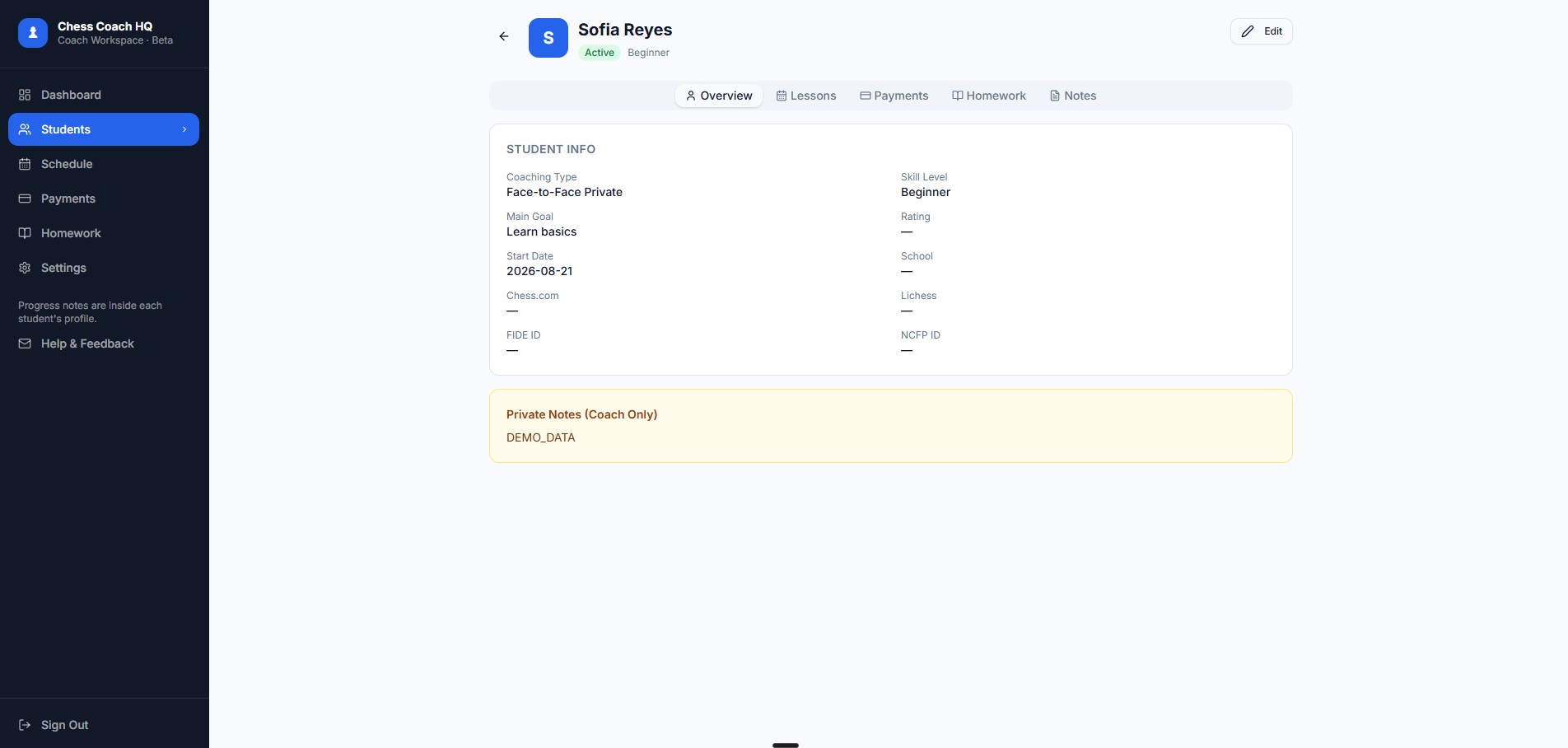Sofia Reyes’s demo student profile with coaching type, skill level, goals and tabs for lessons, payments, homework and notes.